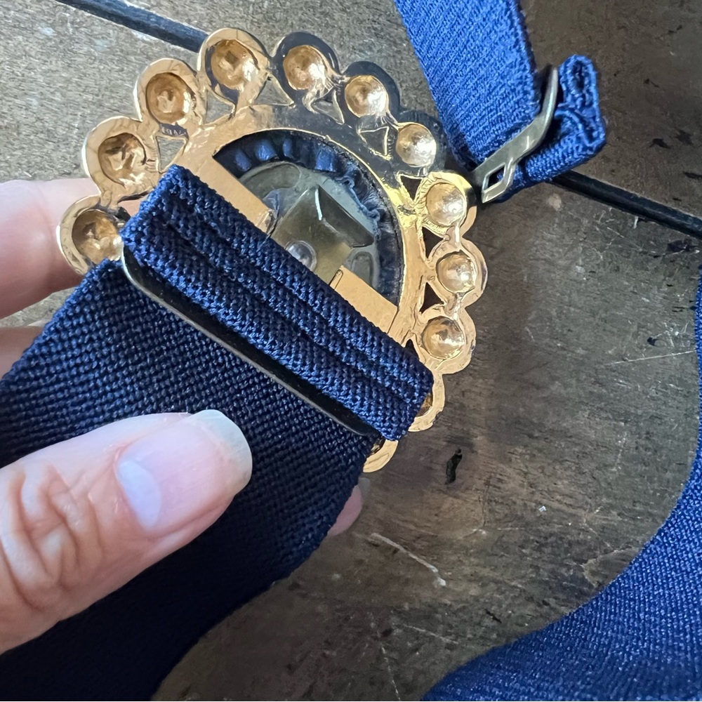 Vintage 1980s Dark Navy Blue Stretch Belt – Gold Buckle - Picture 4 of 7